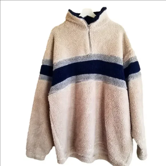 Vintage Blue Sierra Pullover Quarter Zip Fleece Colourblock  Stripe Sweater XL - Picture 2 of 8